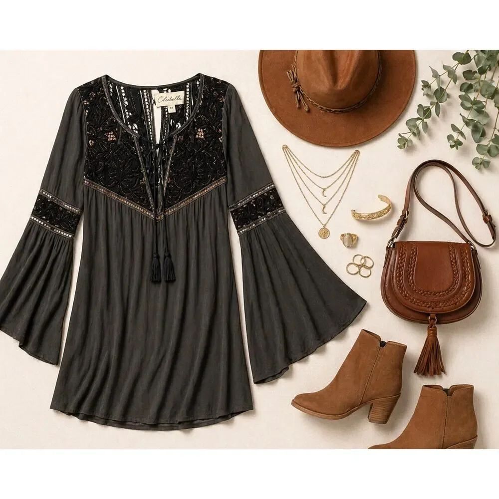 Cleobella Lili Mini Dress XS Boho Lace Bell Sleeve Deep V Gunmetal Gray Festival